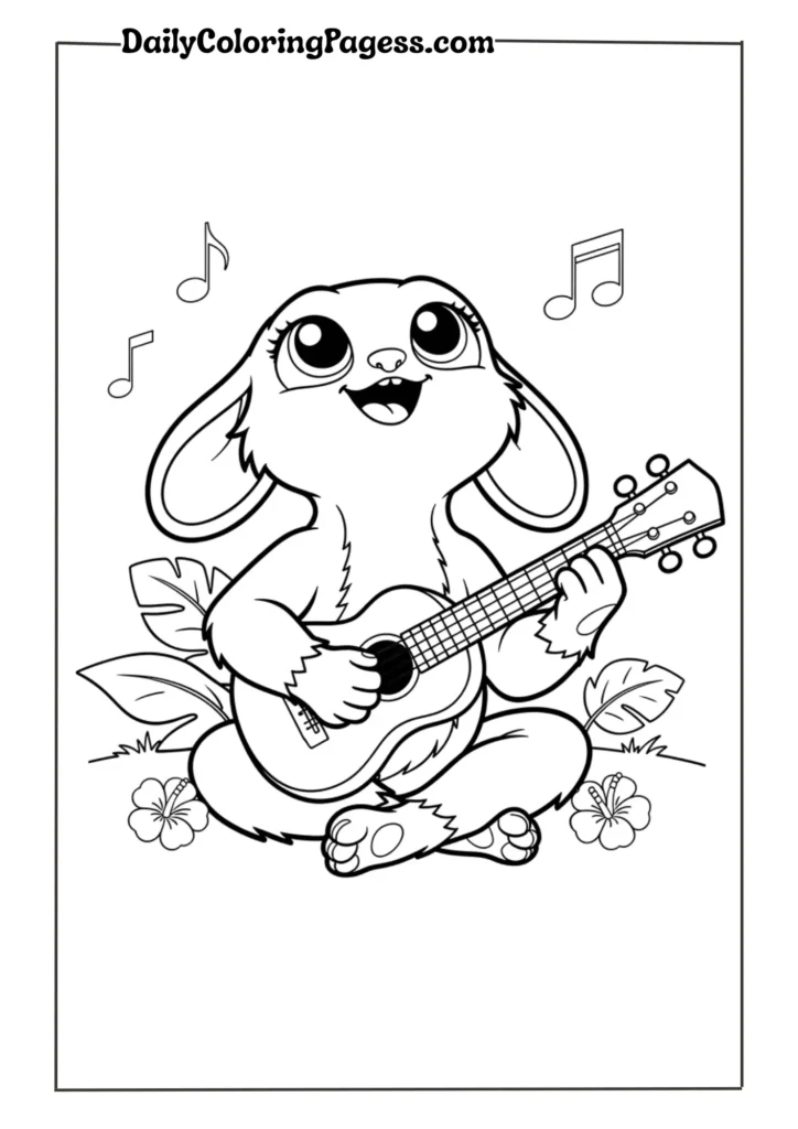 Stitch with Ukulele - Full-body Stitch sitting cross-legged on the ground