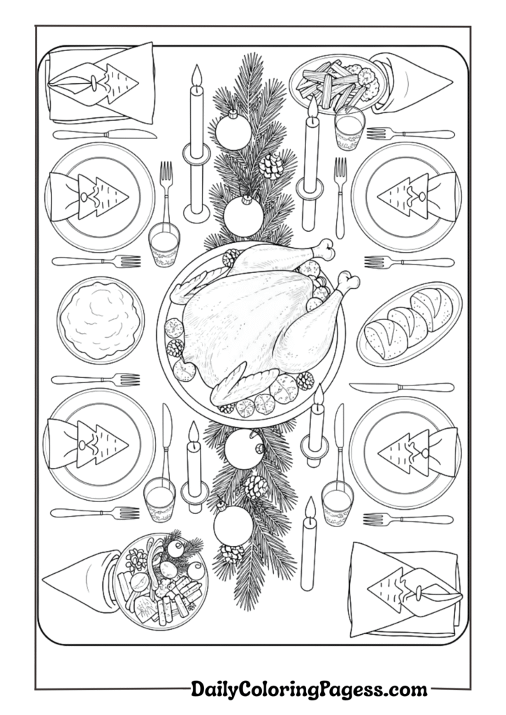 A Christmas dinner table from above showing a roasted turkey, side dishes, candles-min