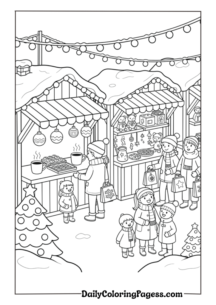 A Christmas market scene with wooden stalls selling ornaments-min