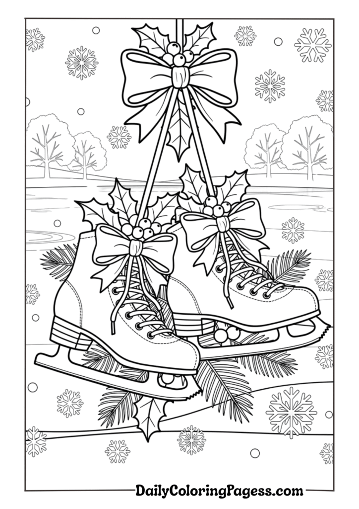 A pair of ice skates hanging by their laces with bows tied on them-min
