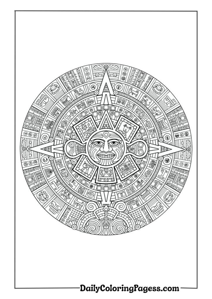 Aztec sun stone mandala with ancient symbols and calendar elements