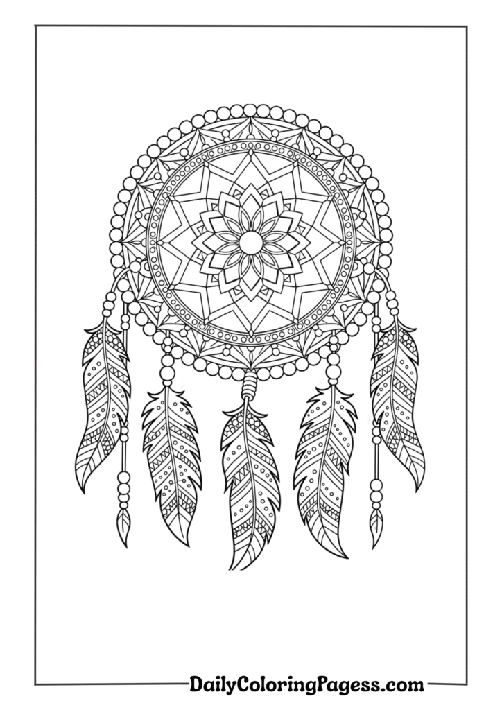 Dreamcatcher mandala with feathers, beads, and web patterns