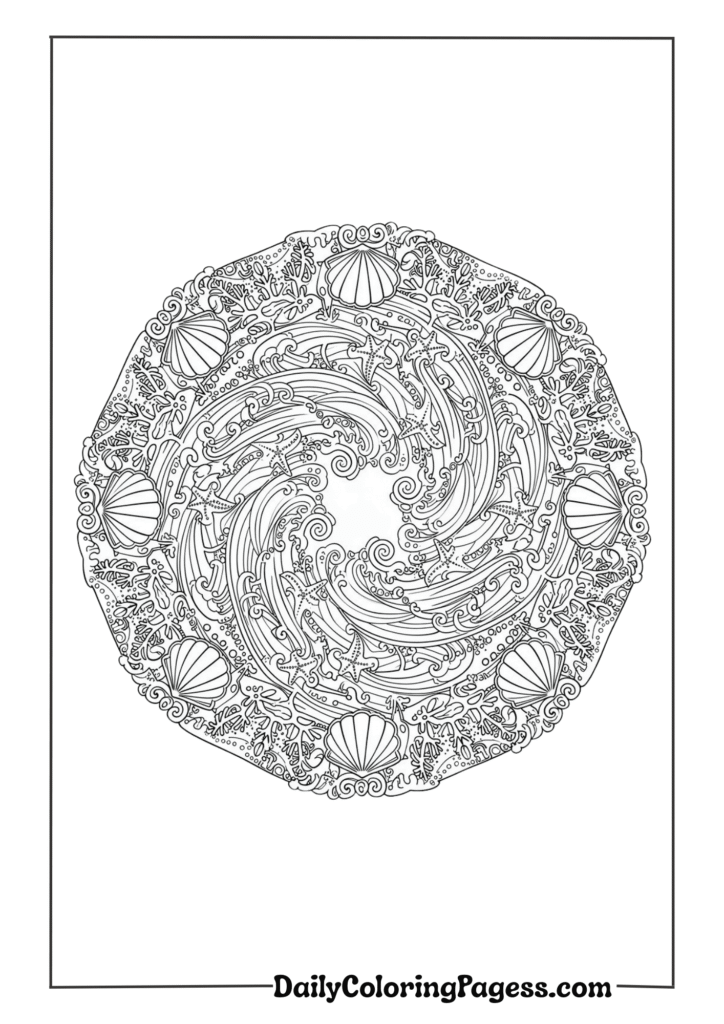 Ocean wave mandala featuring swirling water, shells, starfish, and coral patterns