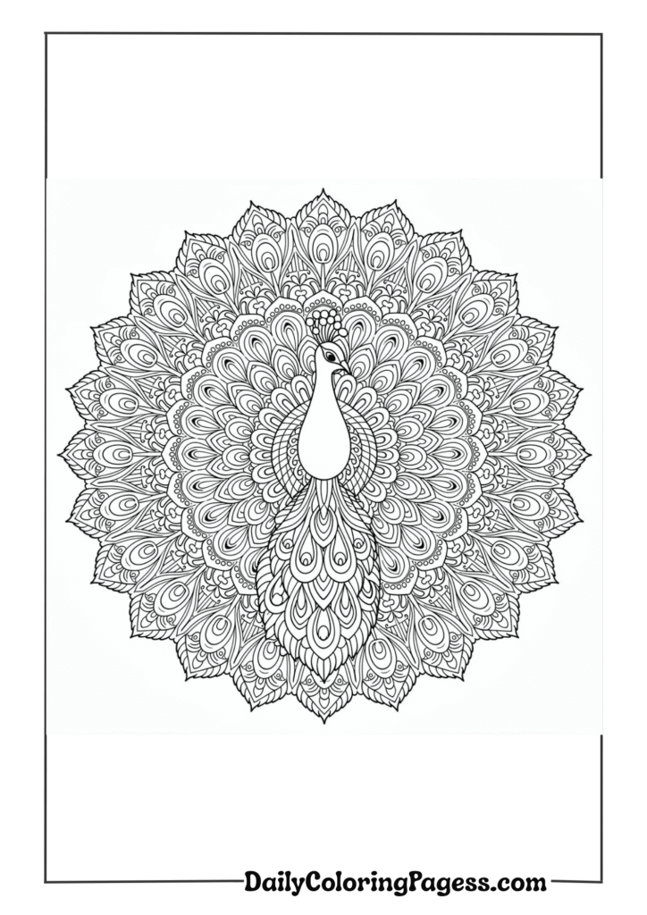 Peacock mandala using elaborate feather designs radiating outward