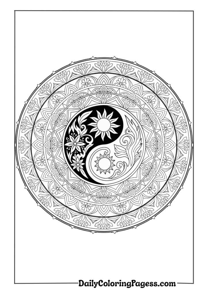 Yin yang mandala balancing opposing elements in circular harmony