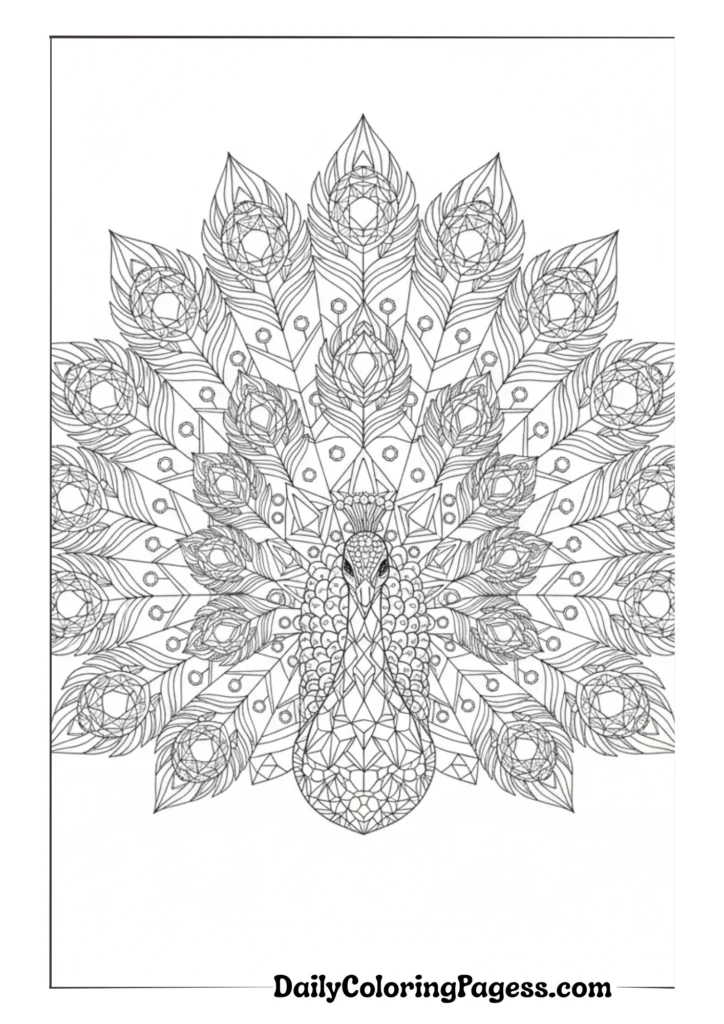 Royal peacock with intricate feather details for adult coloring