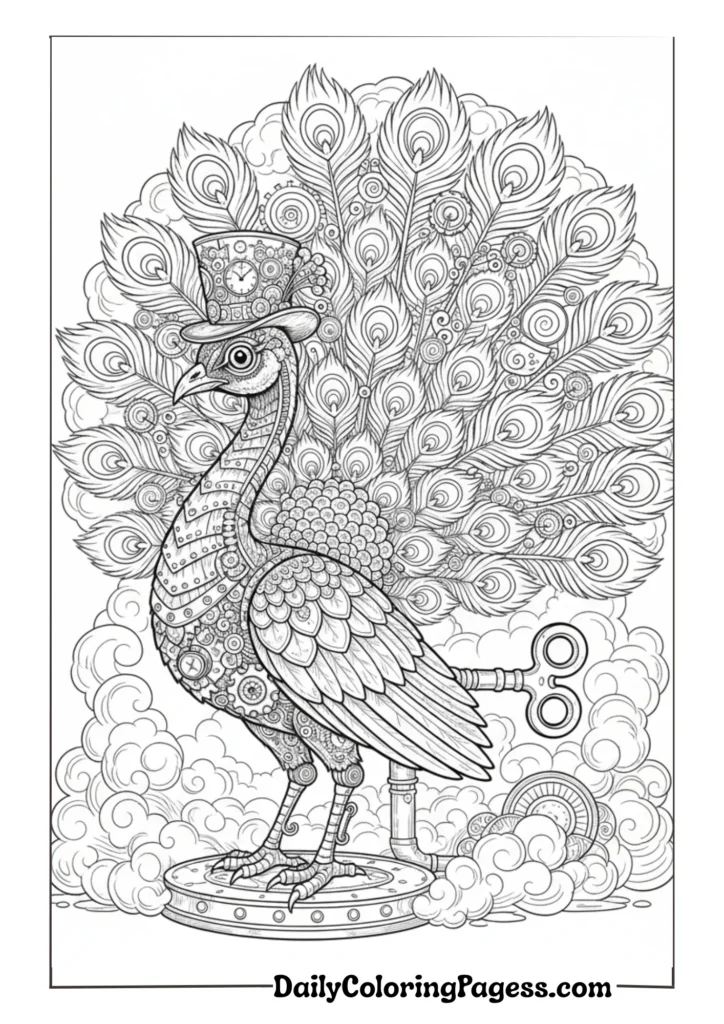 Royal peacock with intricate feather details for adult coloring