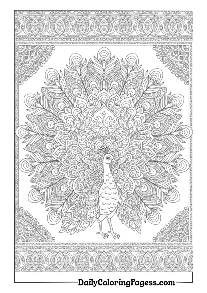 Royal peacock with intricate feather details for adult coloring