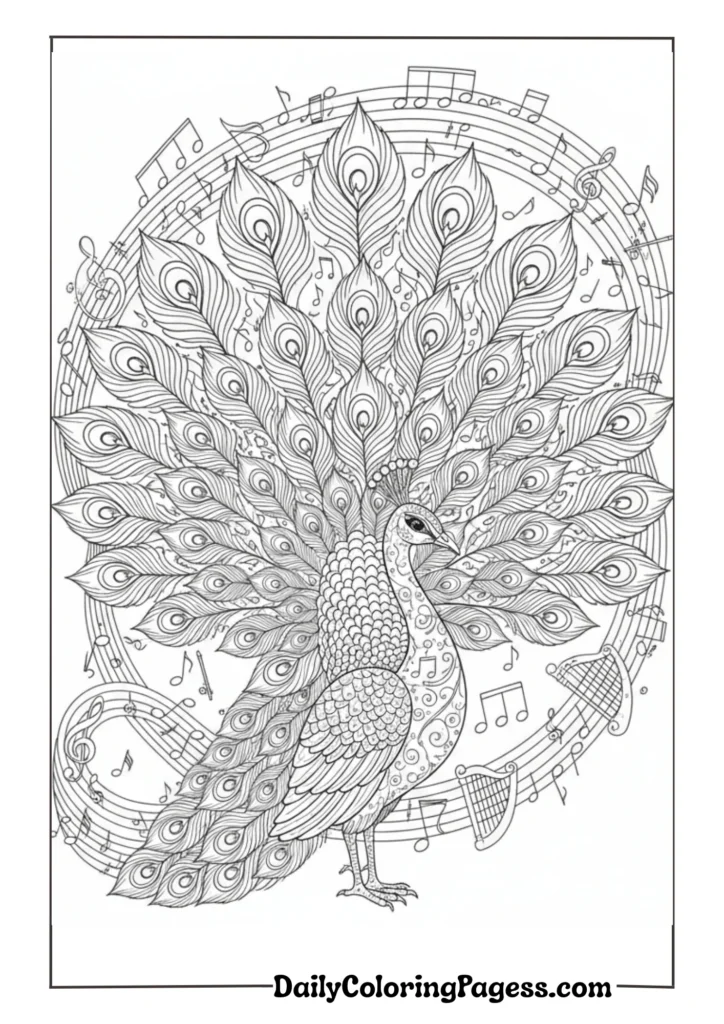 Royal peacock with intricate feather details for adult coloring