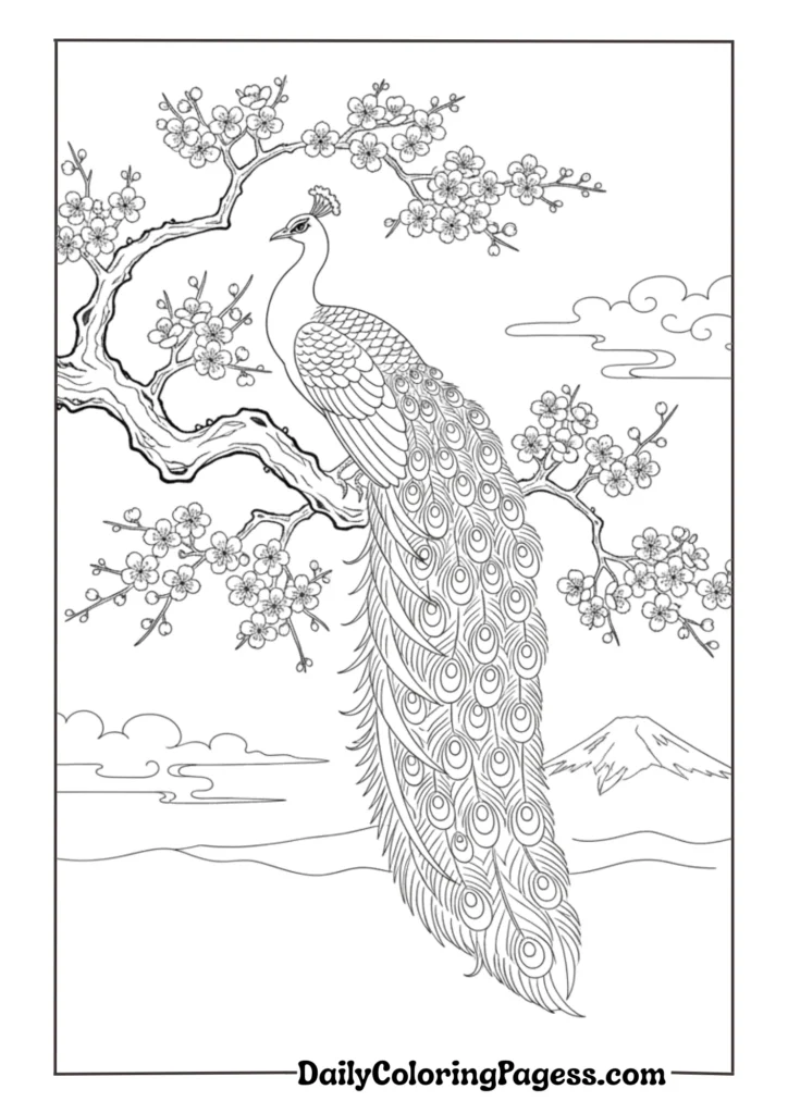 Royal peacock with intricate feather details for adult coloring