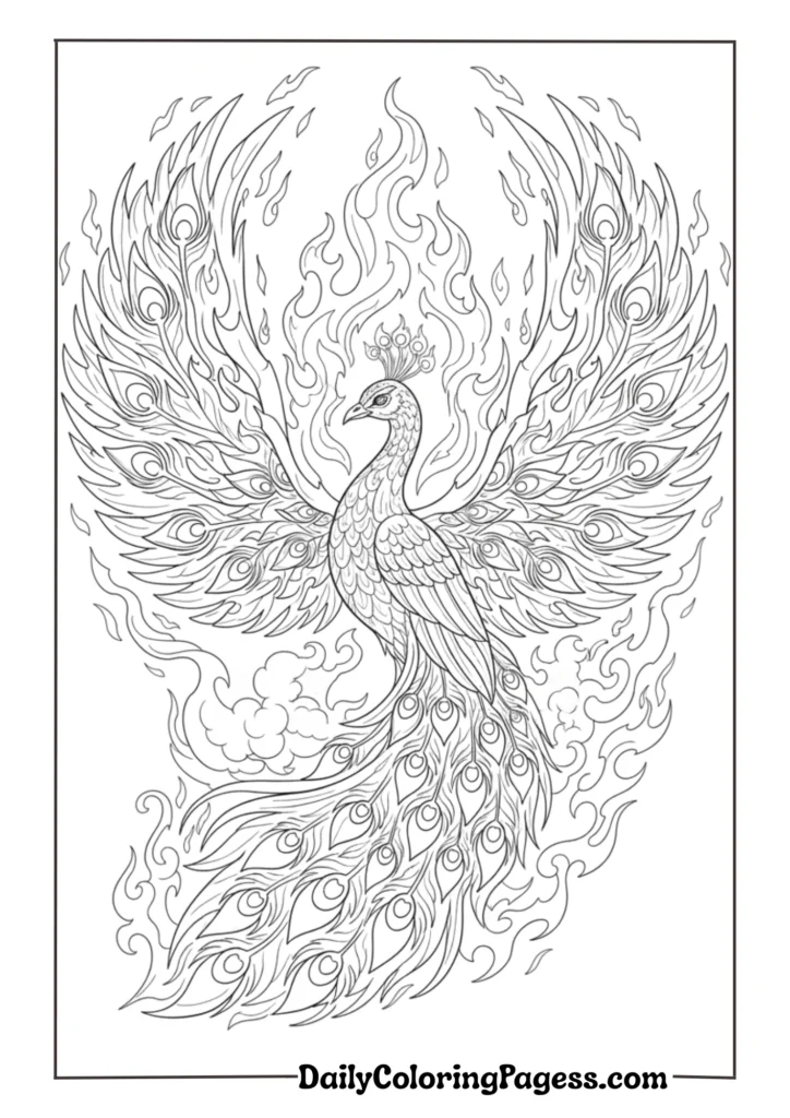 Royal peacock with intricate feather details for adult coloring