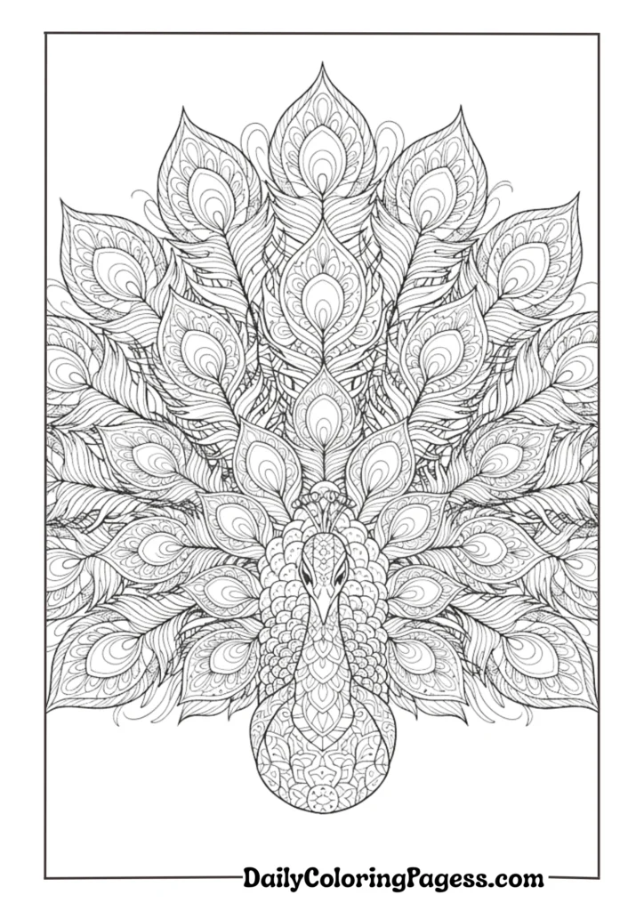 Royal peacock with intricate feather details for adult coloring