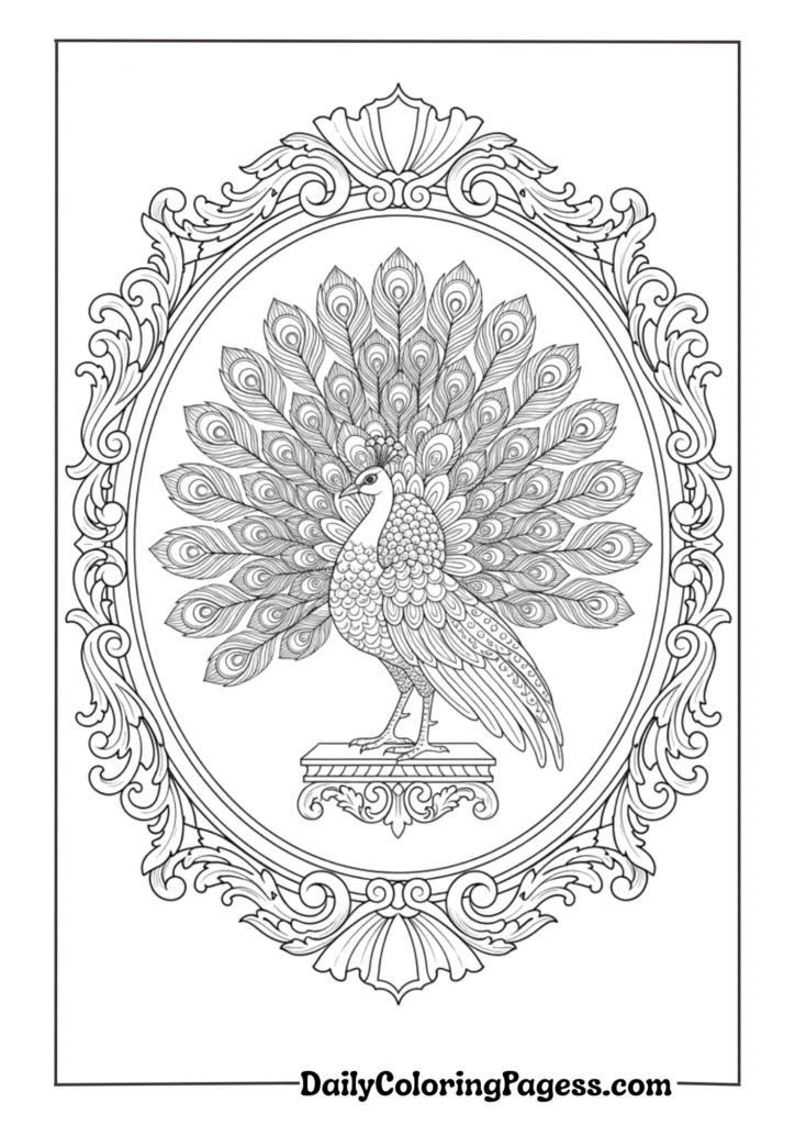 Royal peacock with intricate feather details for adult coloring