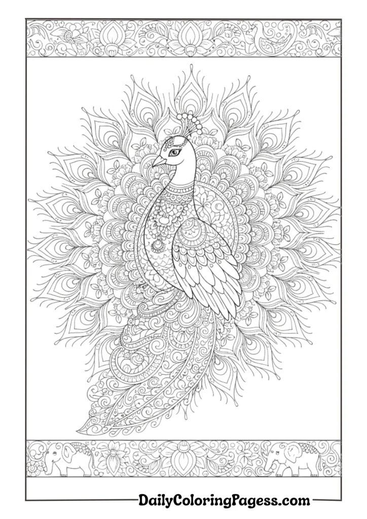 Royal peacock with intricate feather details for adult coloring