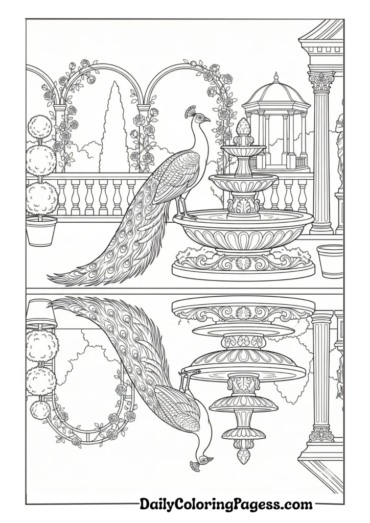Royal peacock with intricate feather details for adult coloring