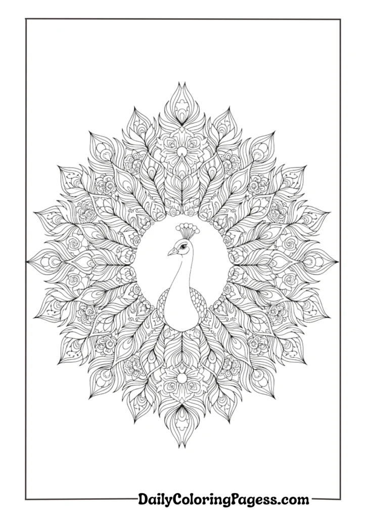 Royal peacock with intricate feather details for adult coloring