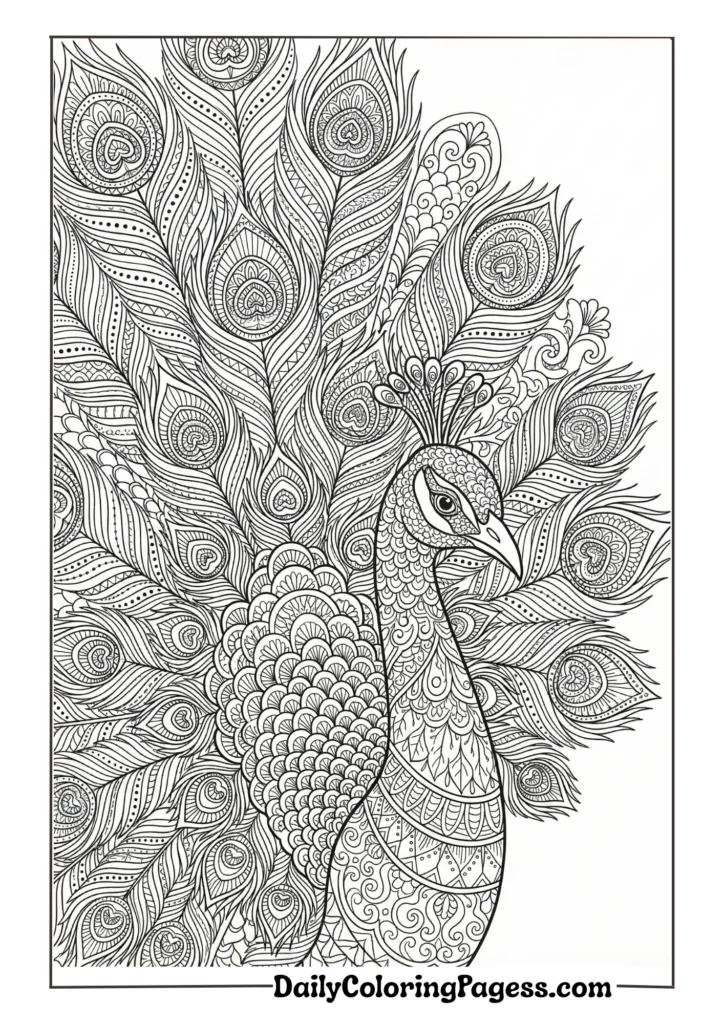 Royal peacock with intricate feather details for adult coloring