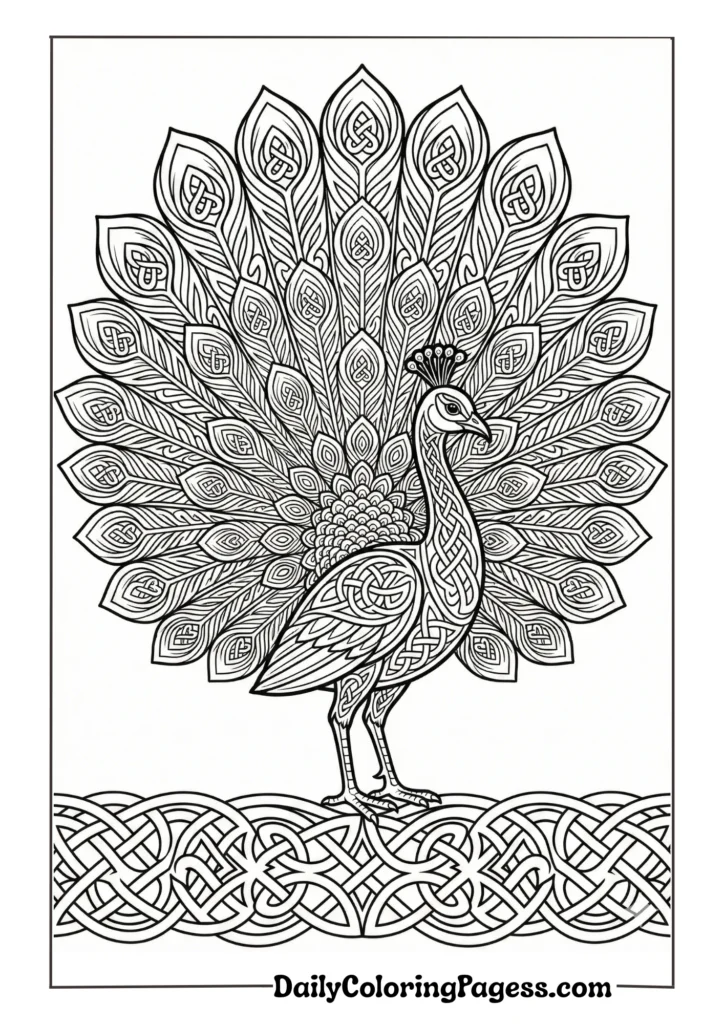 Royal peacock with intricate feather details for adult coloring
