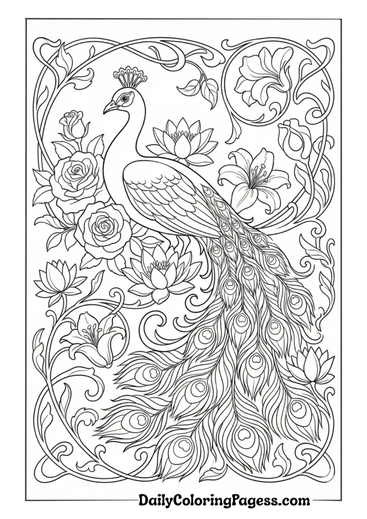 Royal peacock with intricate feather details for adult coloring