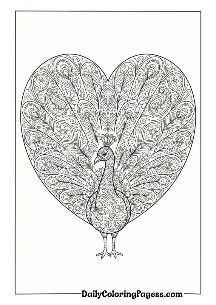 Royal peacock with intricate feather details for adult coloring