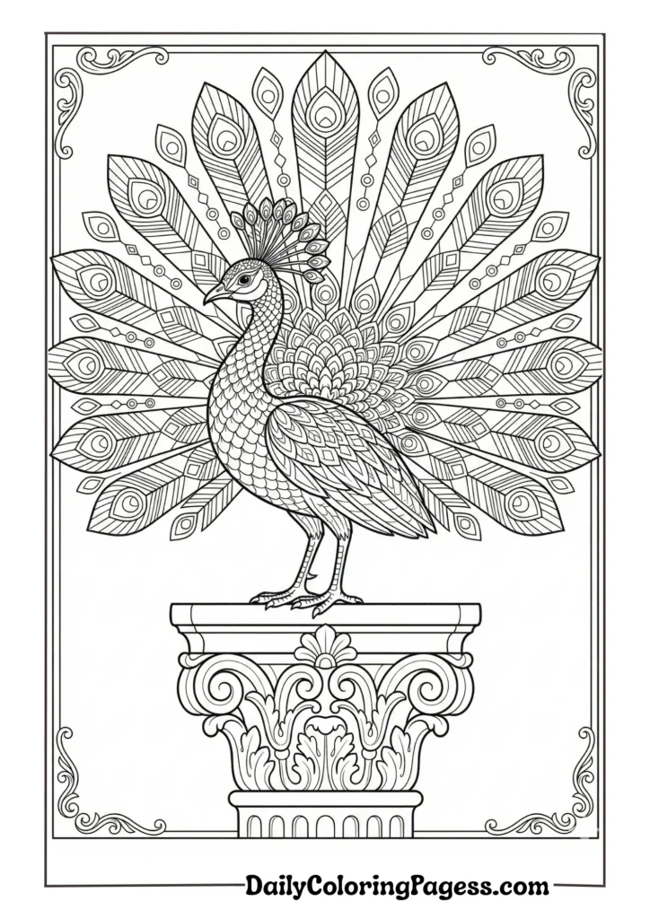 Royal peacock with intricate feather details for adult coloring
