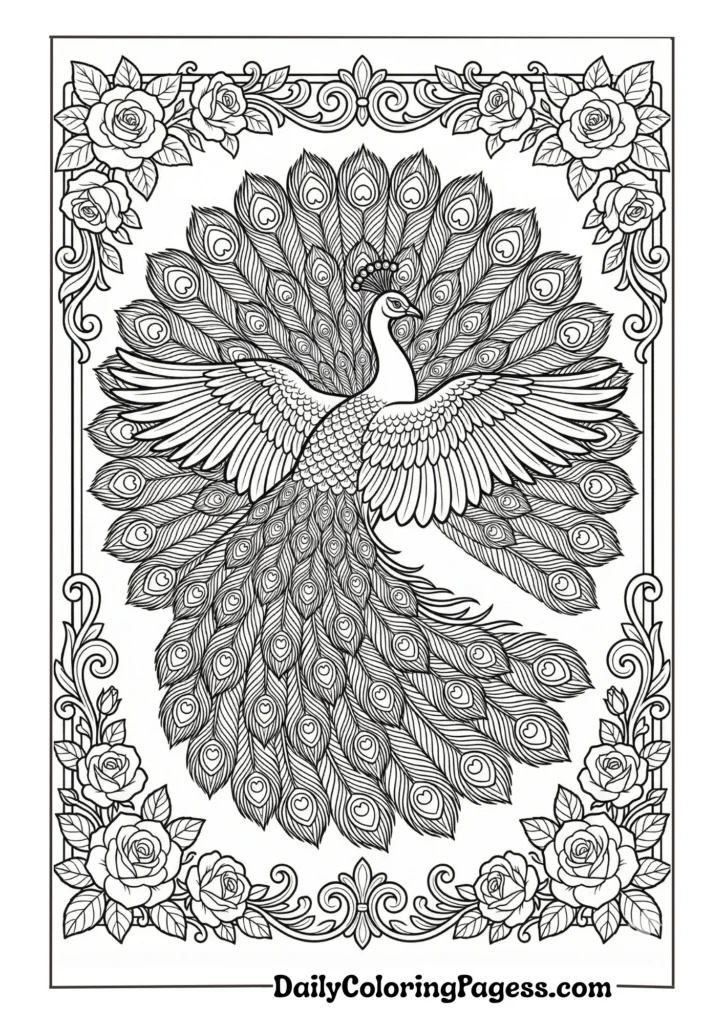 Royal peacock with intricate feather details for adult coloring