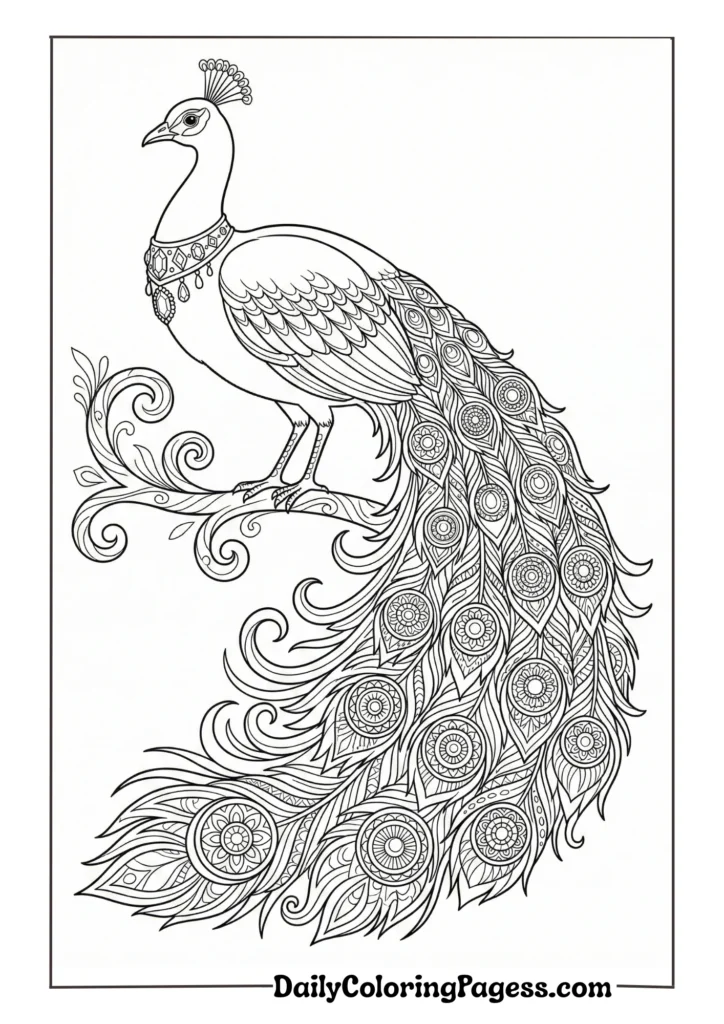 Royal peacock with intricate feather details for adult coloring