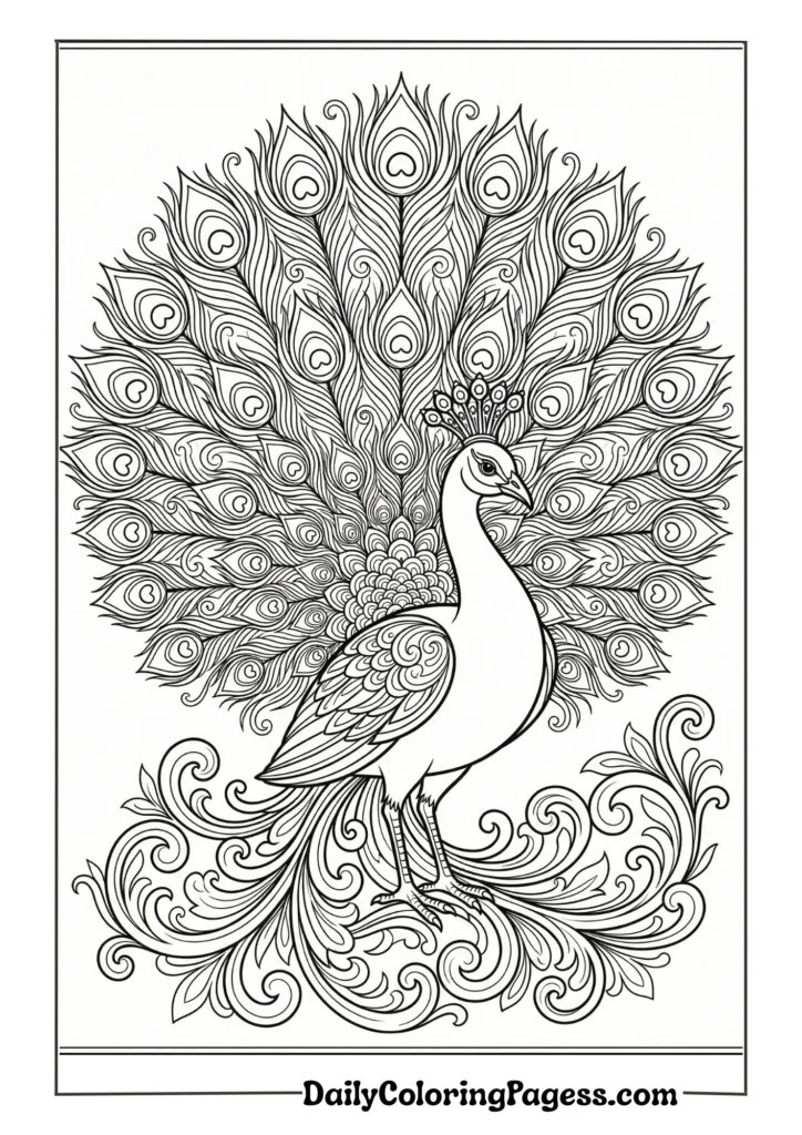 Royal peacock with intricate feather details for adult coloring