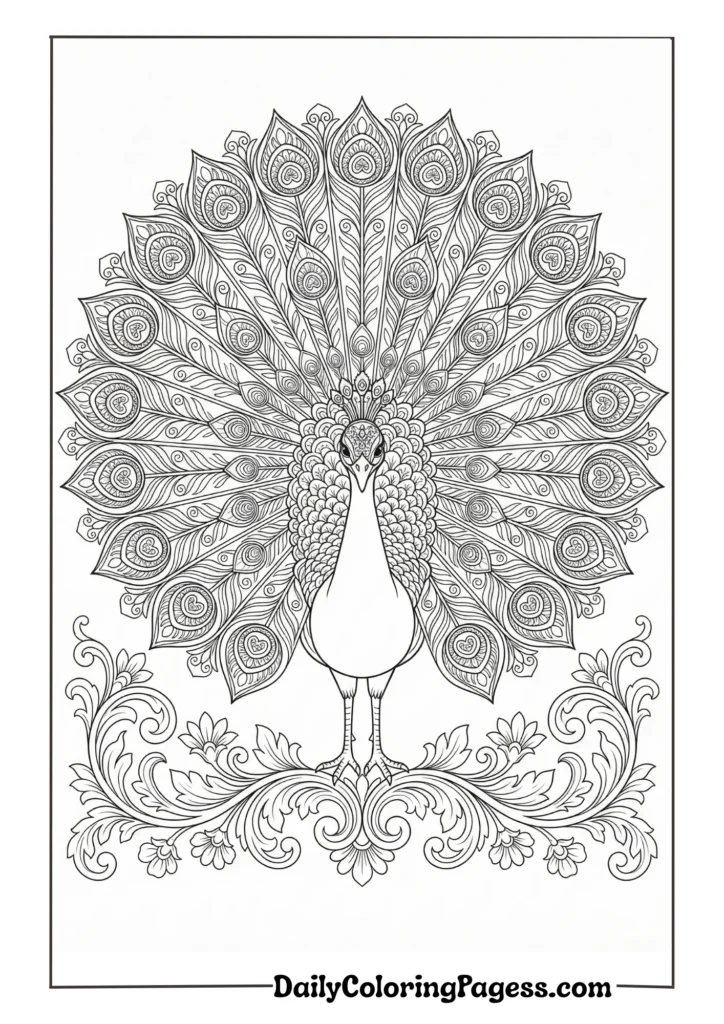 Royal peacock with intricate feather details for adult coloring