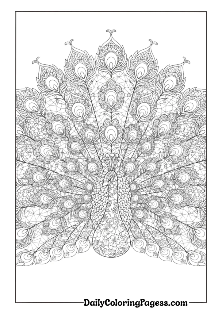 Royal peacock with intricate feather details for adult coloring