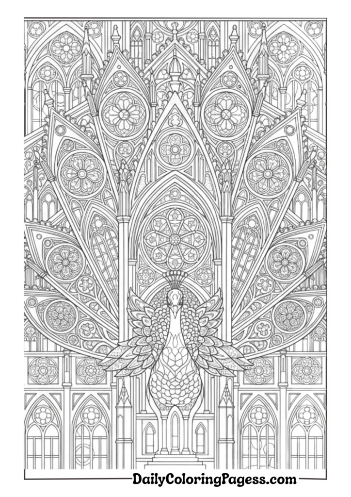 Royal peacock with intricate feather details for adult coloring