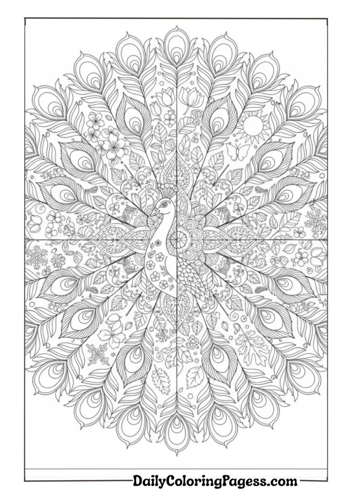 Royal peacock with intricate feather details for adult coloring