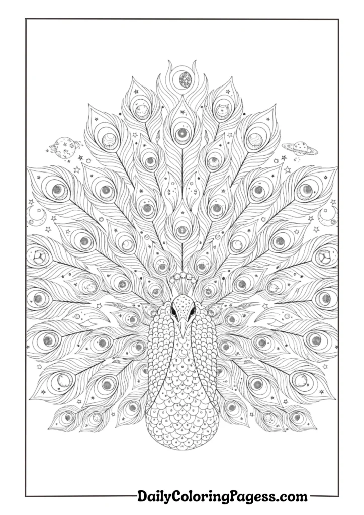 Royal peacock with intricate feather details for adult coloring