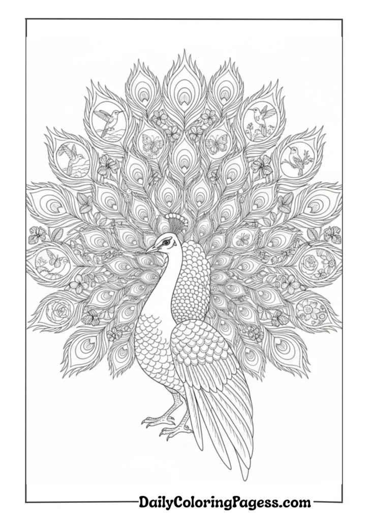 Royal peacock with intricate feather details for adult coloring