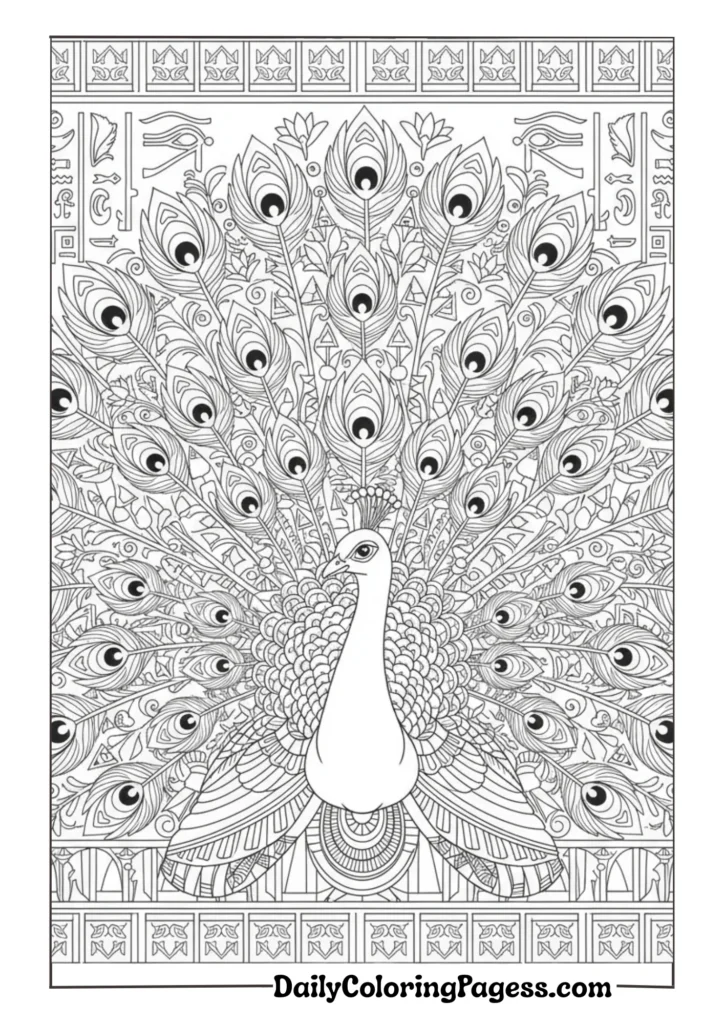 Royal peacock with intricate feather details for adult coloring