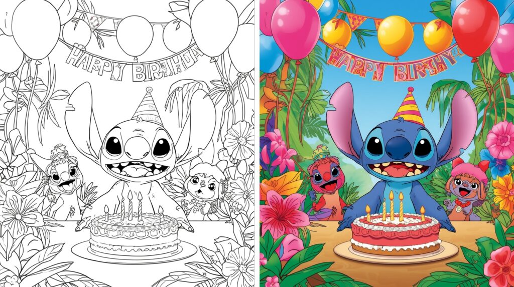 Black-and-white and colored versions of Stitch surrounded by balloons, tropical plants and friends, designed as stitch coloring pages.
