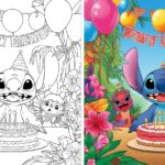 Black-and-white and colored versions of Stitch surrounded by balloons, tropical plants and friends, designed as stitch coloring pages.