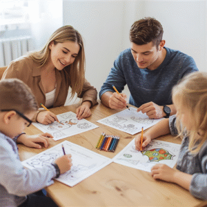 Family sitting together at a table coloring printable pages with pencils.