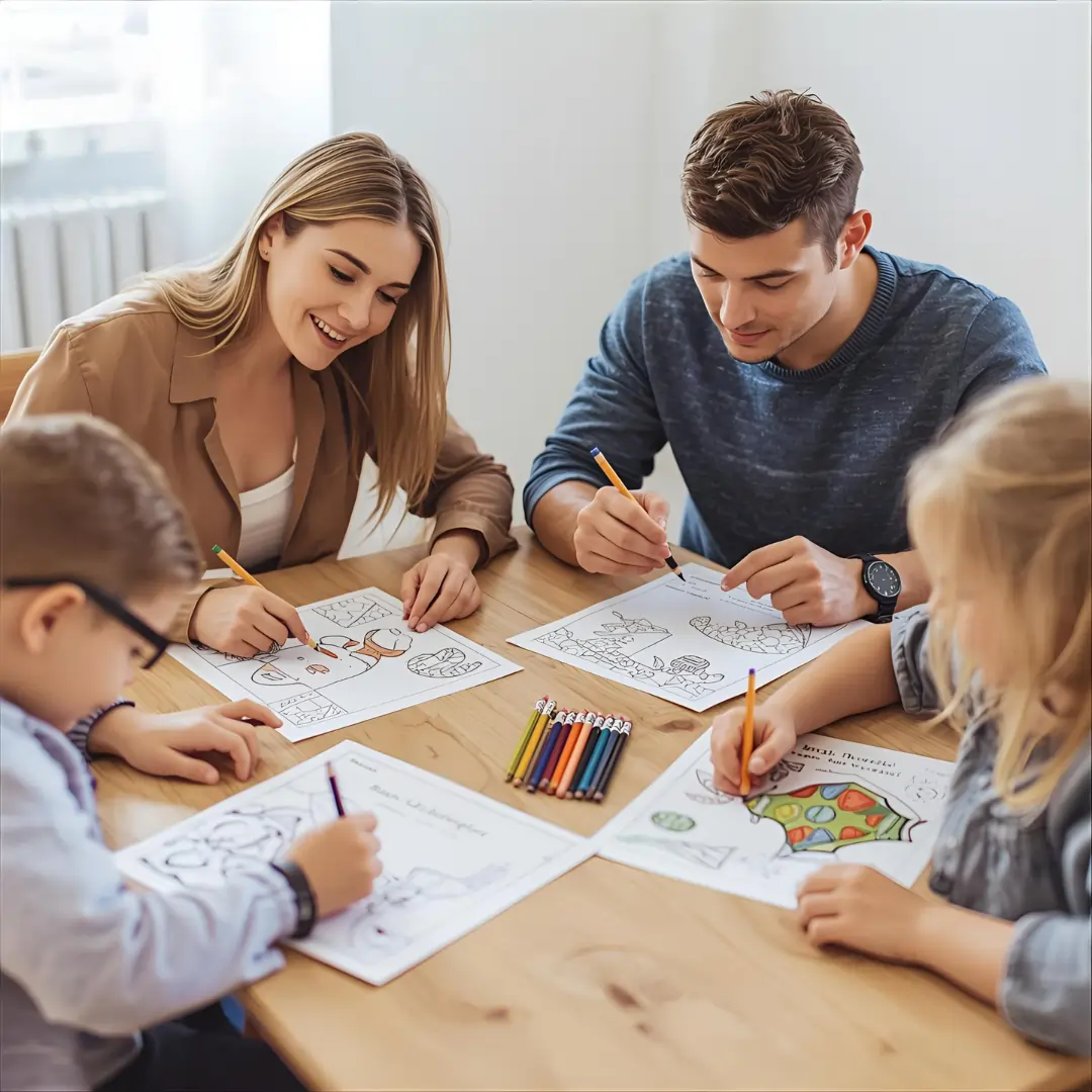 Family sitting together at a table coloring printable pages with pencils.