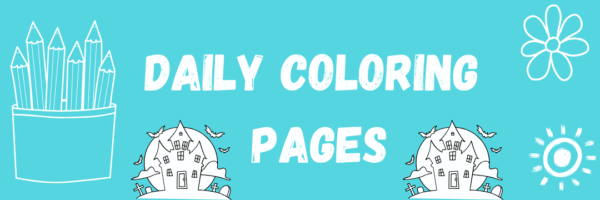 Bright blue banner with illustrations of colored pencils, a flower, and haunted houses, featuring the text “Daily Coloring Pages.”